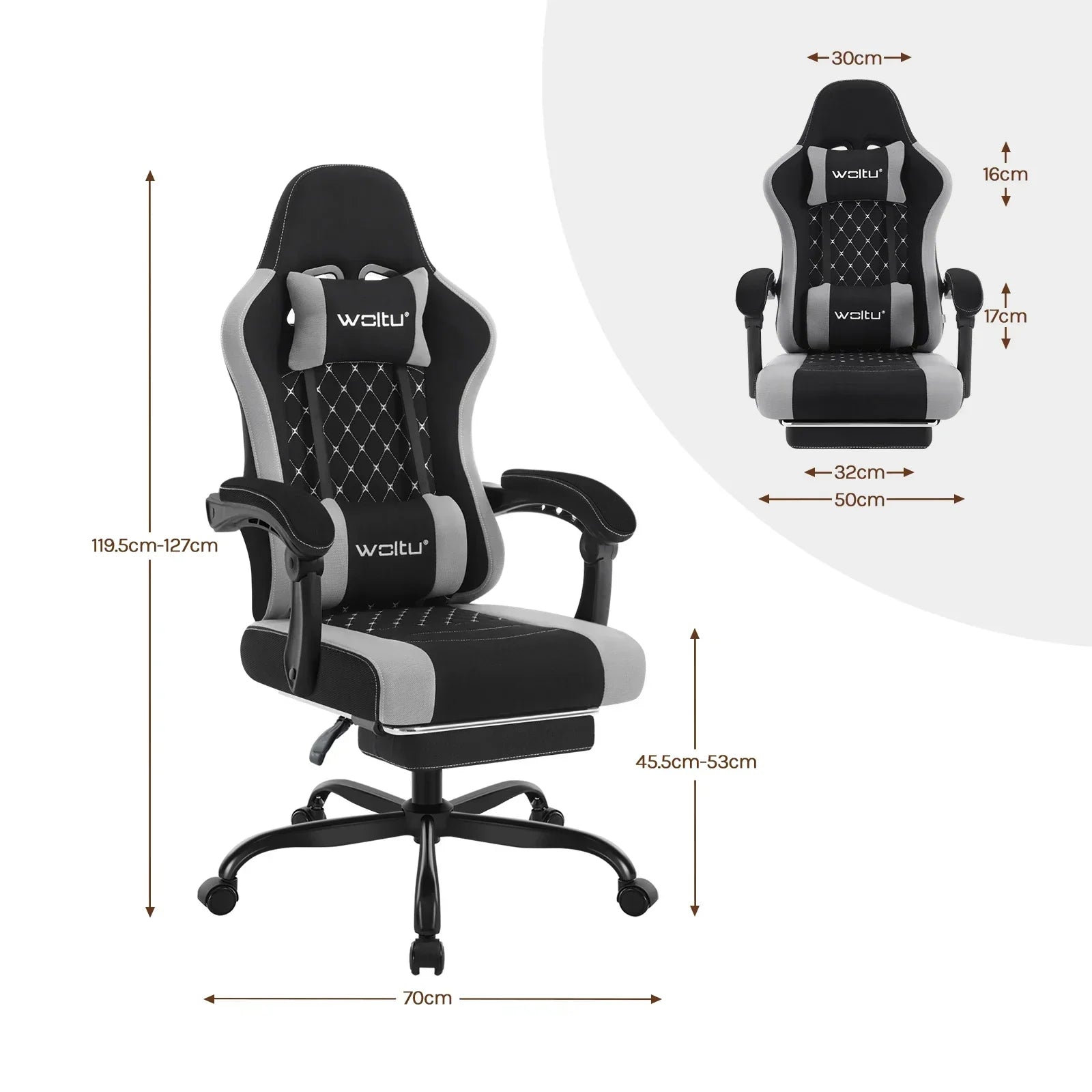 Gaming-Stuhl mit Fußstütze – Drehbar, Verstellbare Kopfstütze – 70 x 70 x 127 cm – Mehrere Farben