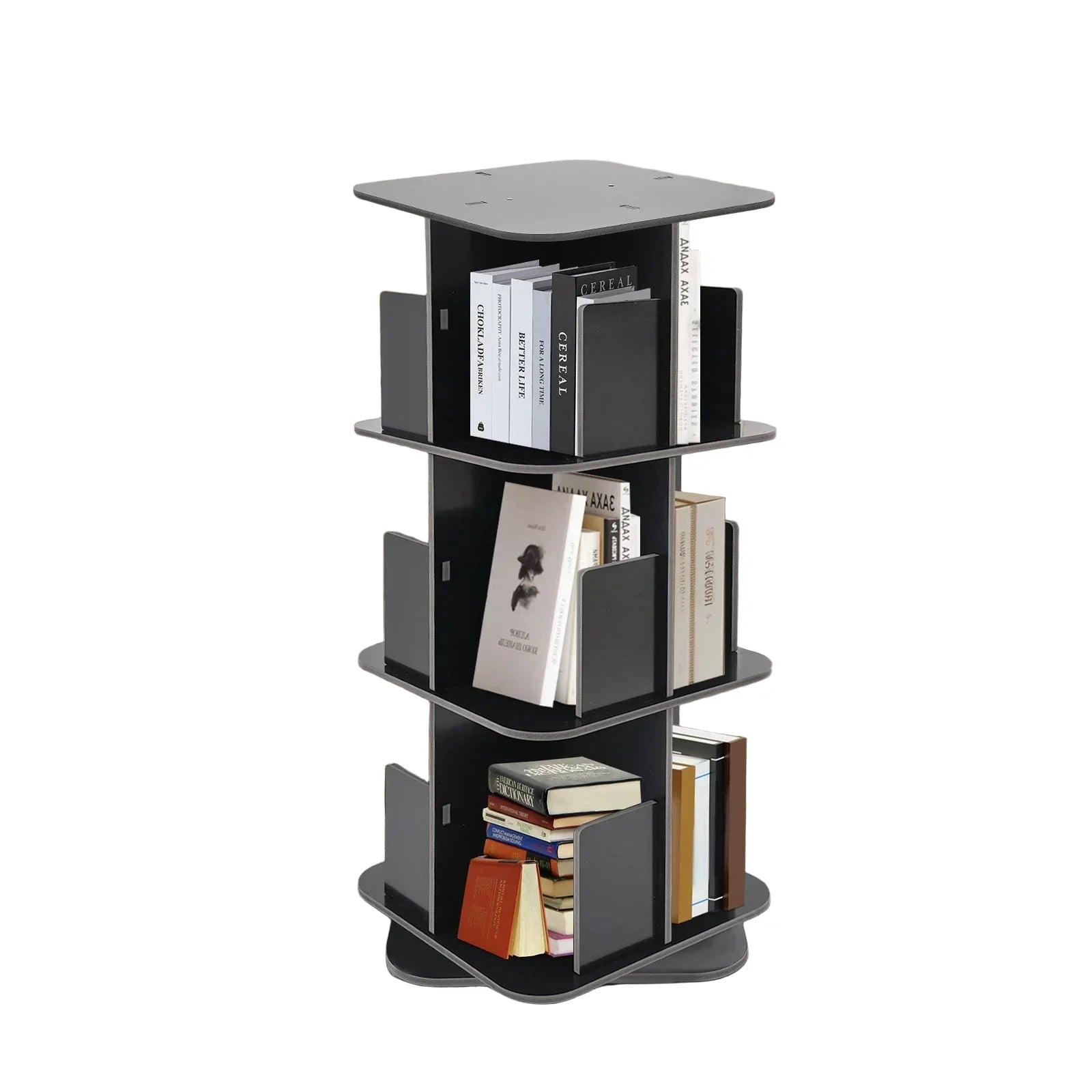 Drehbares Bücherregal mit 3 Etagen – 360° drehbar – PVC-Holzplatte – Schwarz – 39 x 39 x 97 cm